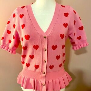 English Factory pink/red heart cardigan with short puff sleeves. NWT medium